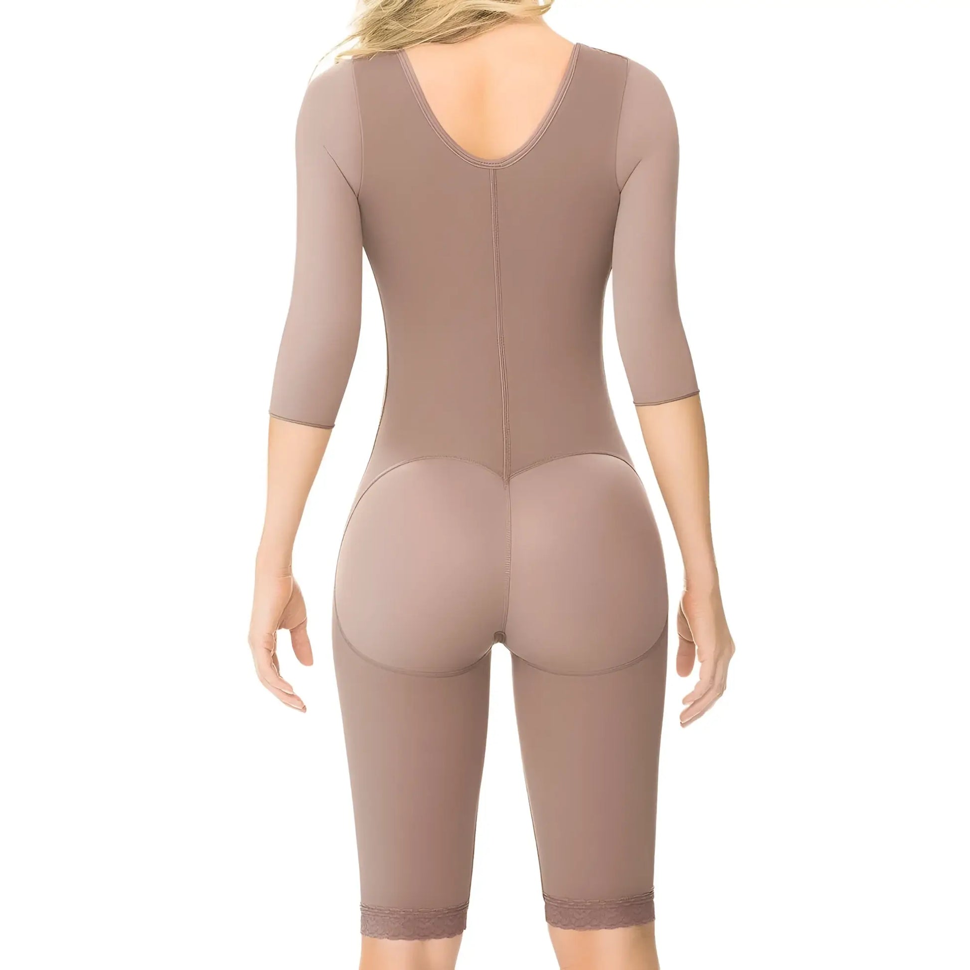 Ann Chery 5008 powernet Renata brown form-fitting body shaper with three-quarter sleeves and lace trim hem
