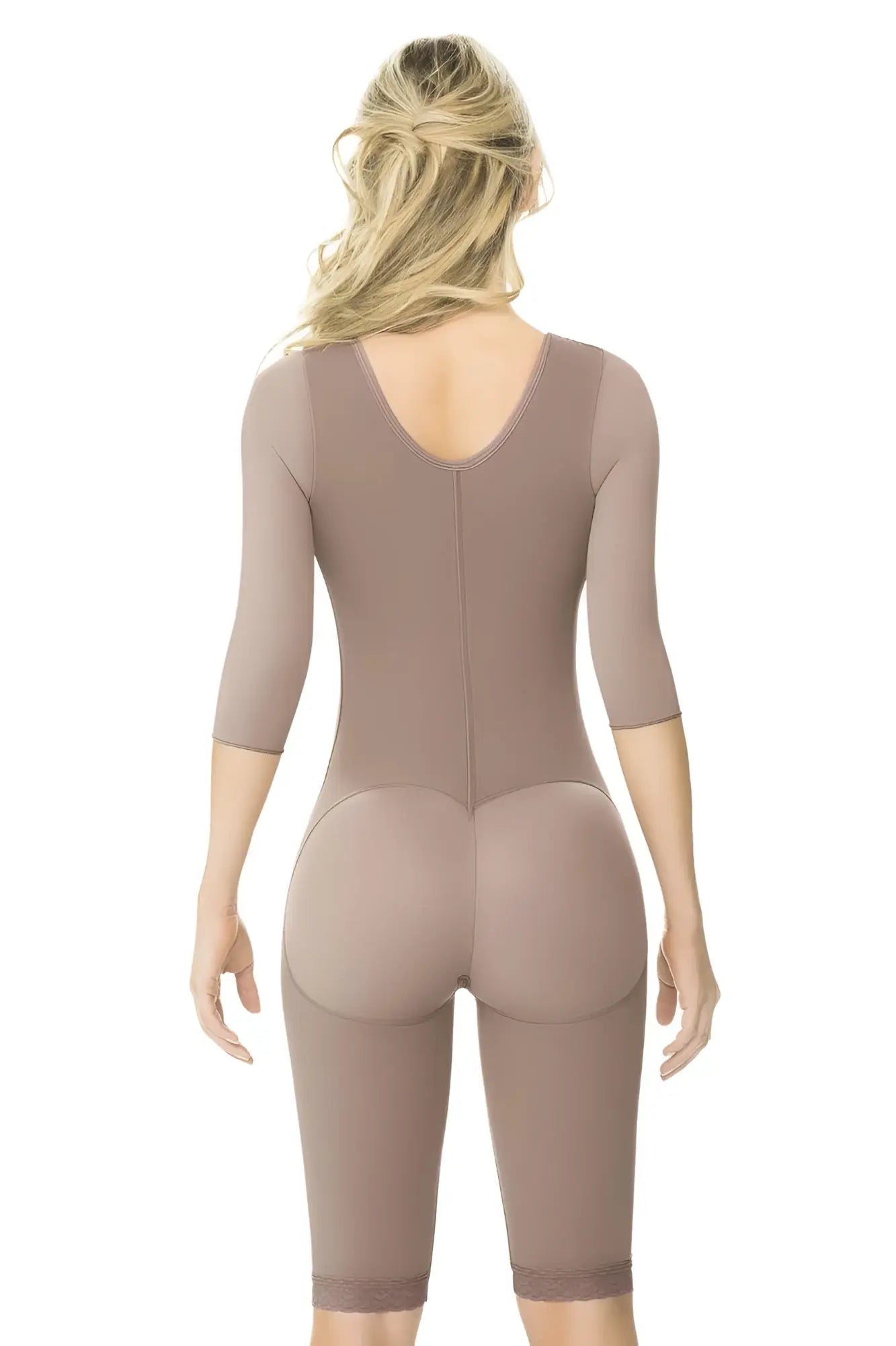 Ann chery 5008 powernet renata shapewear brown taupe form-fitting body shaper with three-quarter sleeves and back zipper viewed from back