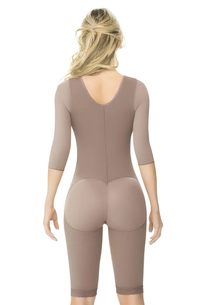 Ann chery 5008 powernet renata shapewear brown taupe form-fitting body shaper with three-quarter sleeves and back zipper viewed from back