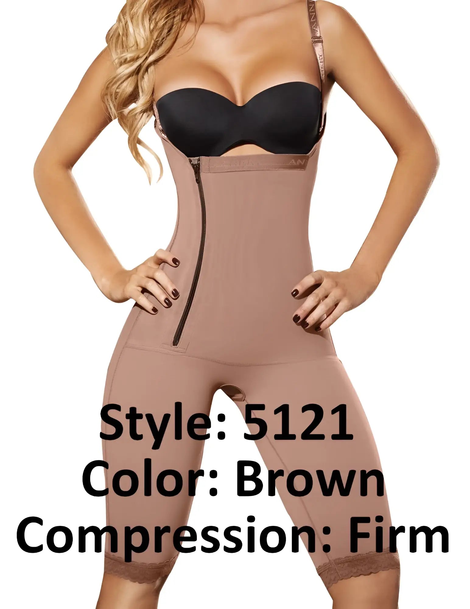 Ann Chery 5121 brown firm compression Powernet bodysuit with front zipper and lace trim at hem