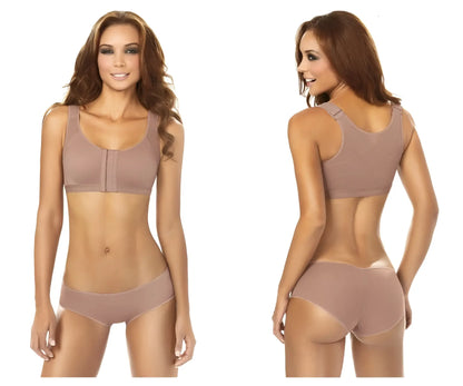 Beige seamless underwire Ann Chery 5130 post-surgery bra with adjustable straps and matching high-waisted briefs in brown