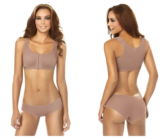 Beige seamless underwire Ann Chery 5130 post-surgery bra with adjustable straps and matching high-waisted briefs in brown