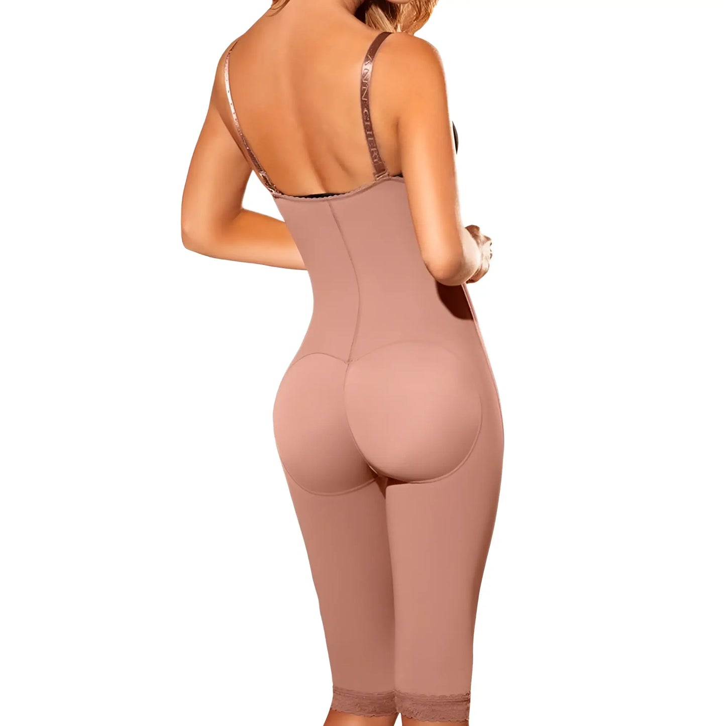 Ann chery 5141 powernet luna brown shapewear bodysuit with padded hips thin straps taupe-colored form-fitting