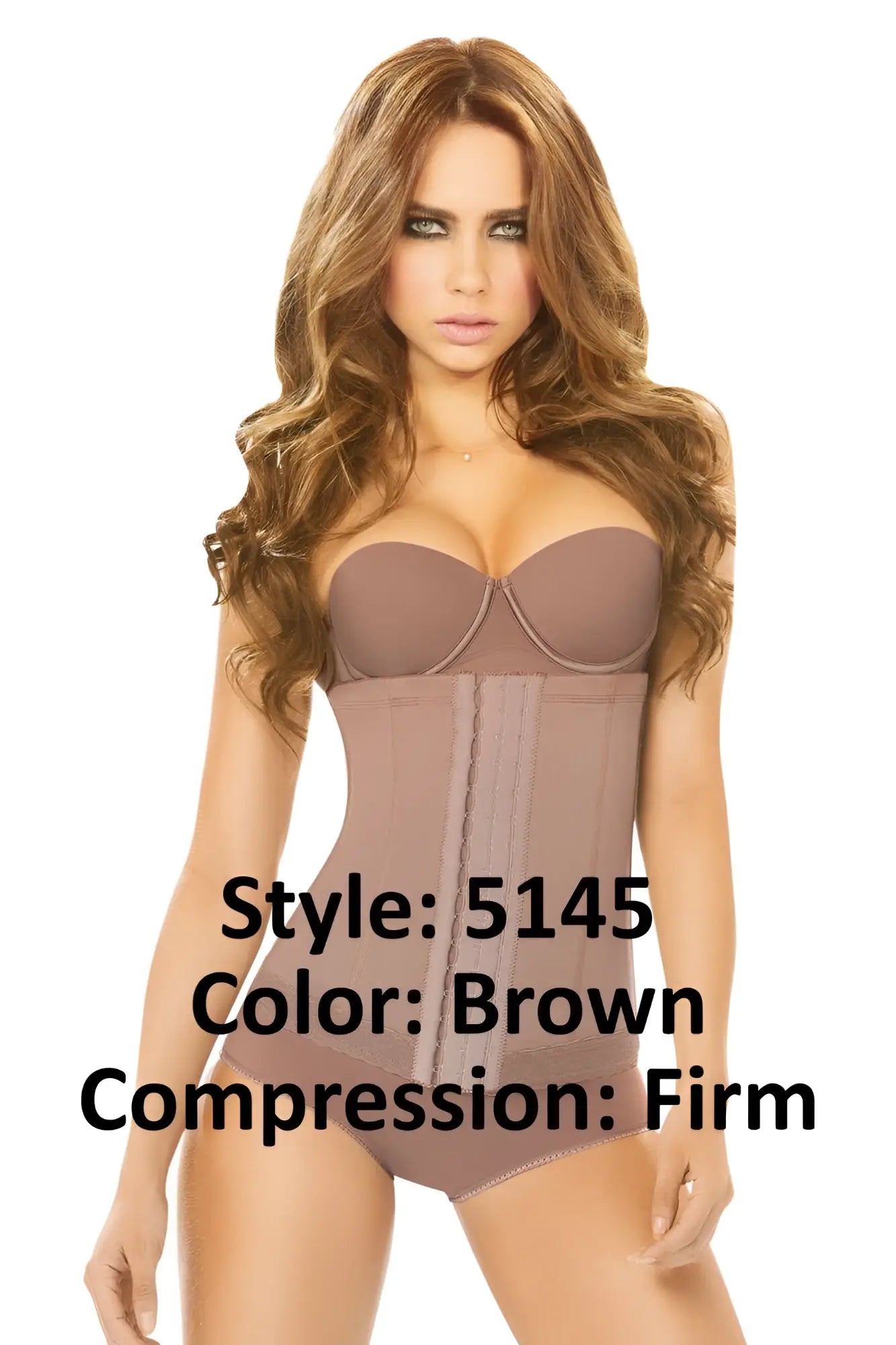 Brown ann chery 5145 powernet waist cincher compression bodysuit with strapless sweetheart neckline and vertical seams