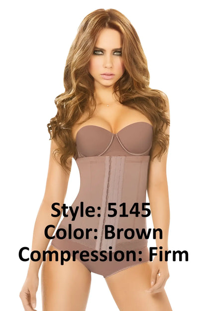 Brown ann chery 5145 powernet waist cincher compression bodysuit with strapless sweetheart neckline and vertical seams