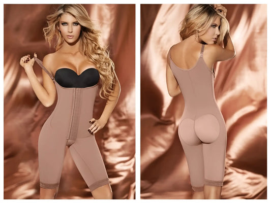 Ann chery 5147 powernet isabella brown shapewear bodysuit with beige body shaping and black underbust cups and straps