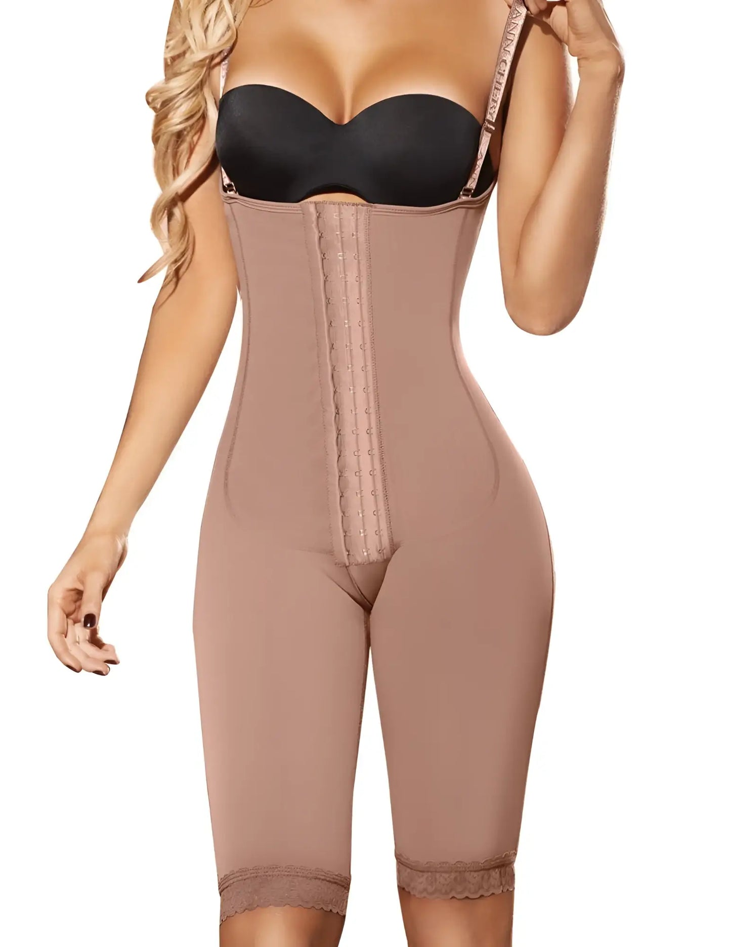Beige Ann Chery 5147 powernet isabella shapewear bodysuit with lace trim and central zipper closure in brown color