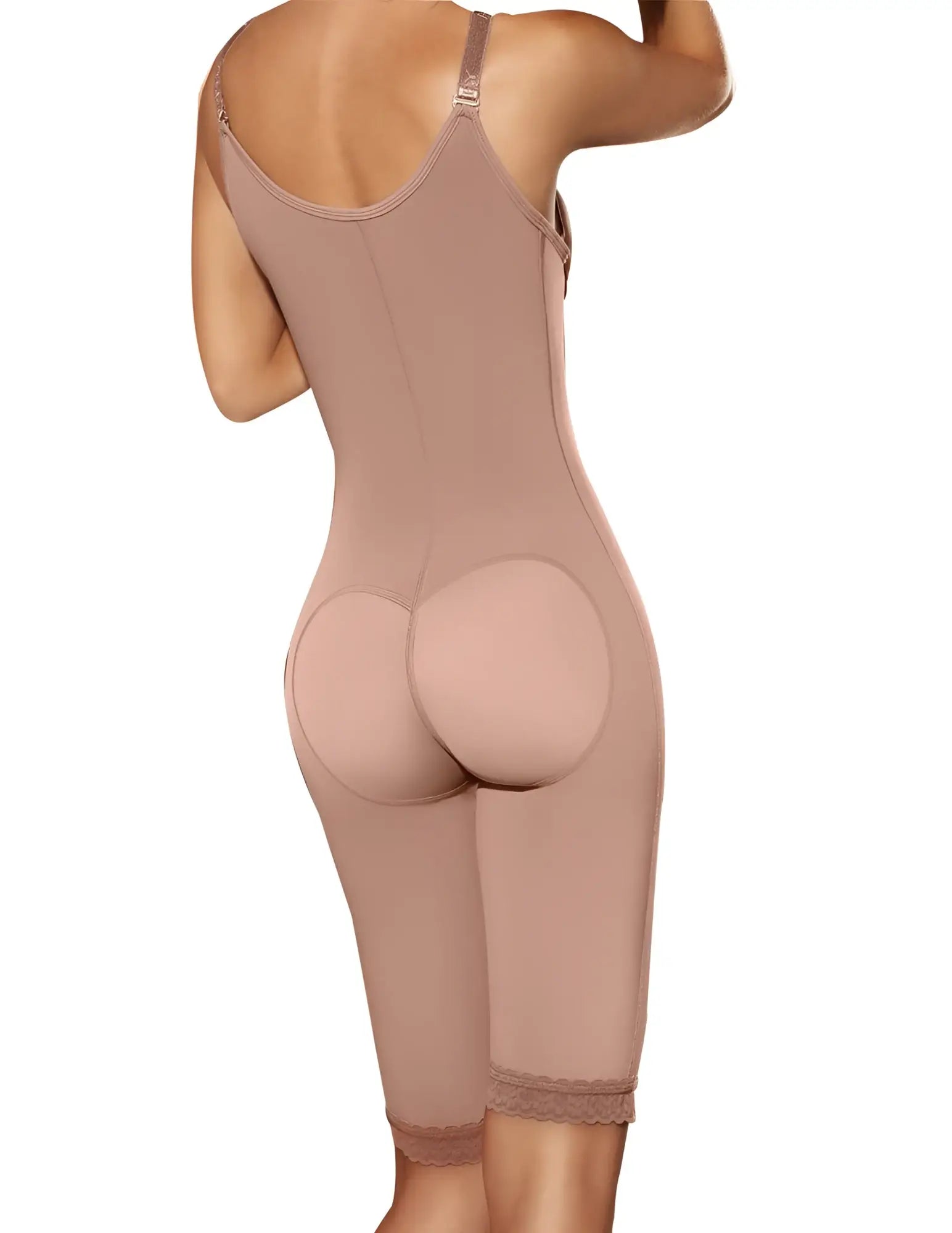 Beige Ann Chery 5147 powernet isabella shapewear bodysuit with padded buttocks and lace trim at the hem visible from back