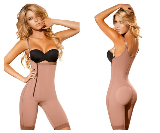 Beige ann chery 5148 powernet angelina shapewear bodysuit with black bra-style top and front zipper in brown color