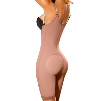 Beige ann chery 5148 powernet angelina shapewear bodysuit with padded back and lace trim at hem in brown color back view