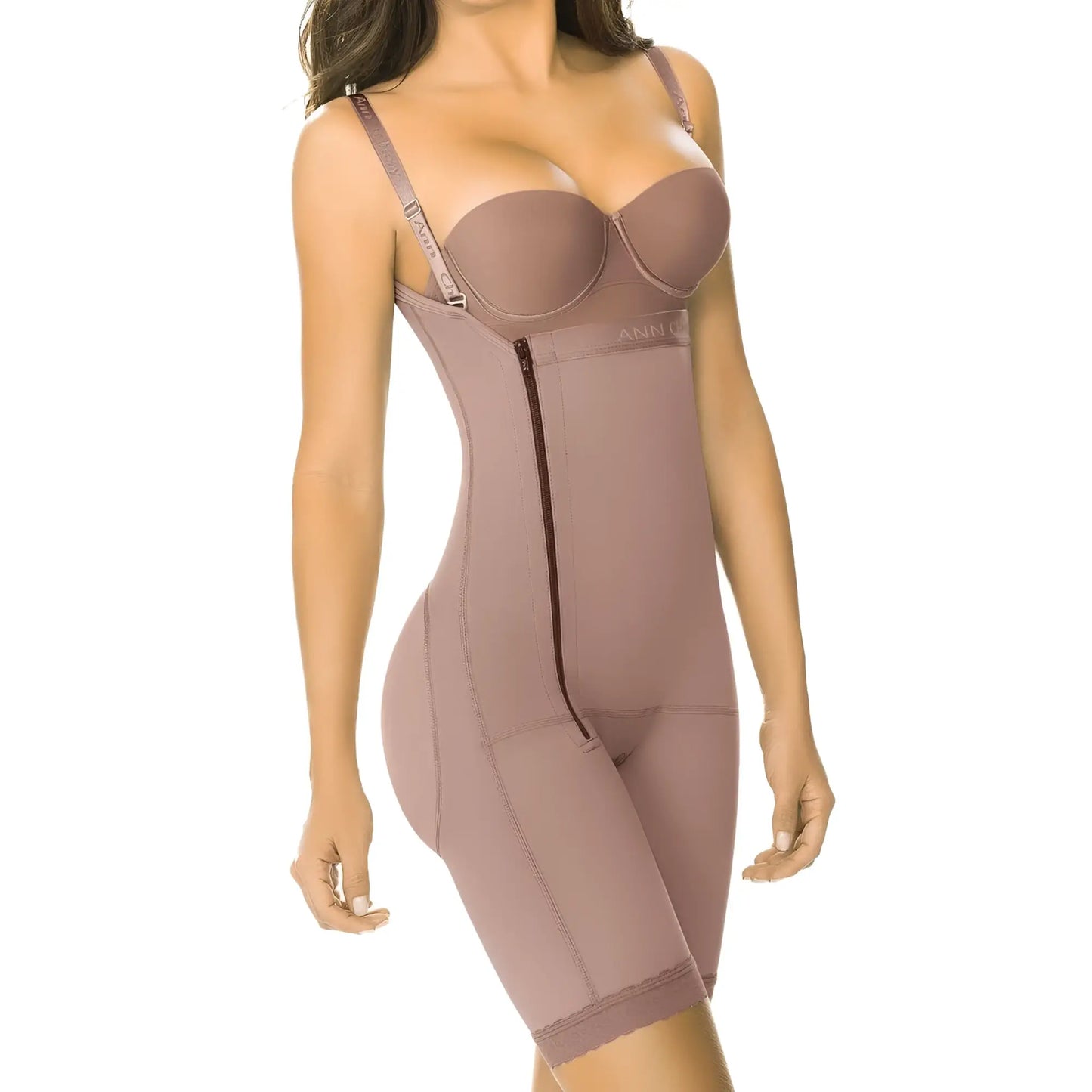 Ann Chery 5148 powernet Angelina mauve shapewear bodysuit with front zipper and adjustable straps in brown color