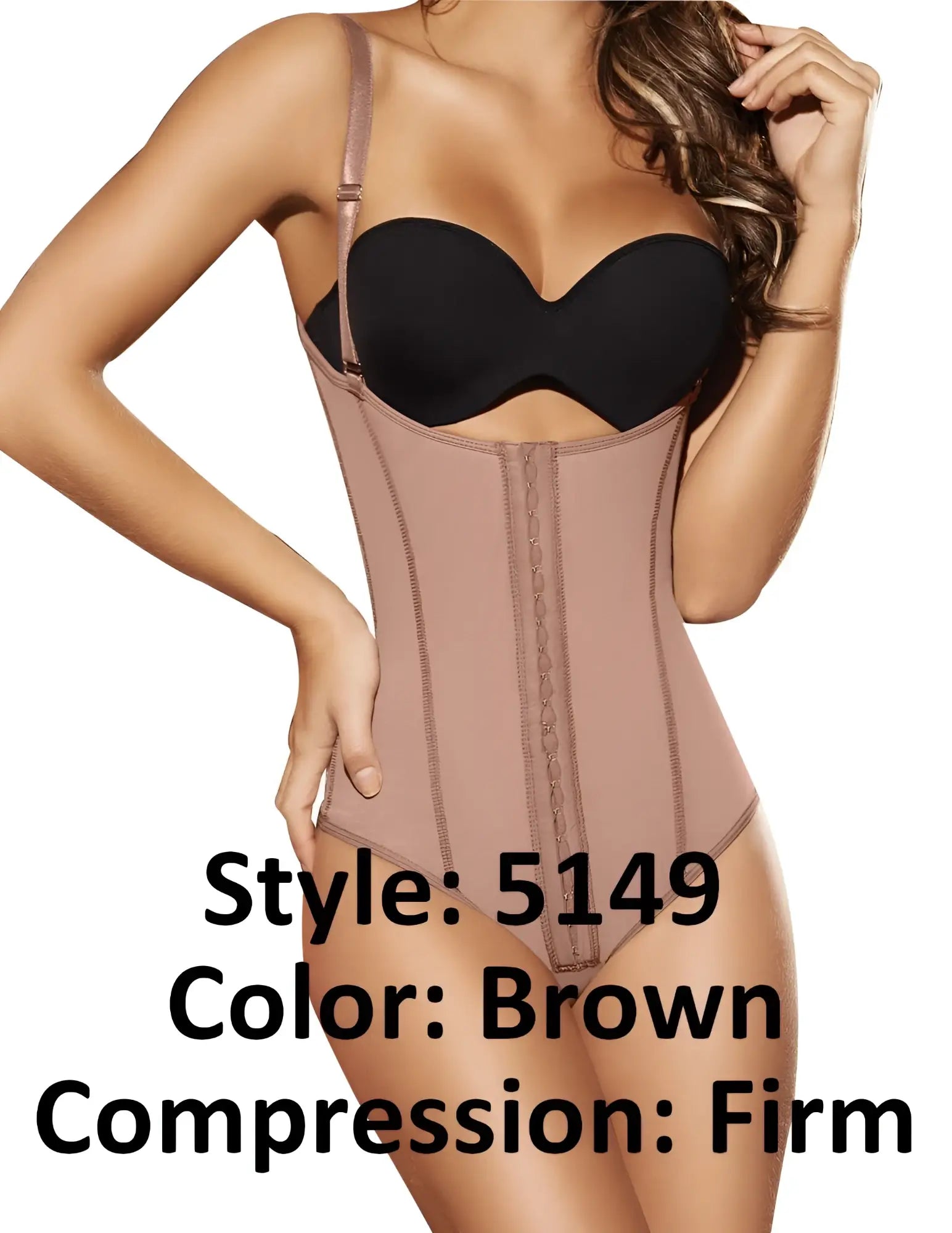 Brown firm compression corset with black bra insert and adjustable straps by ann chery in powernet material