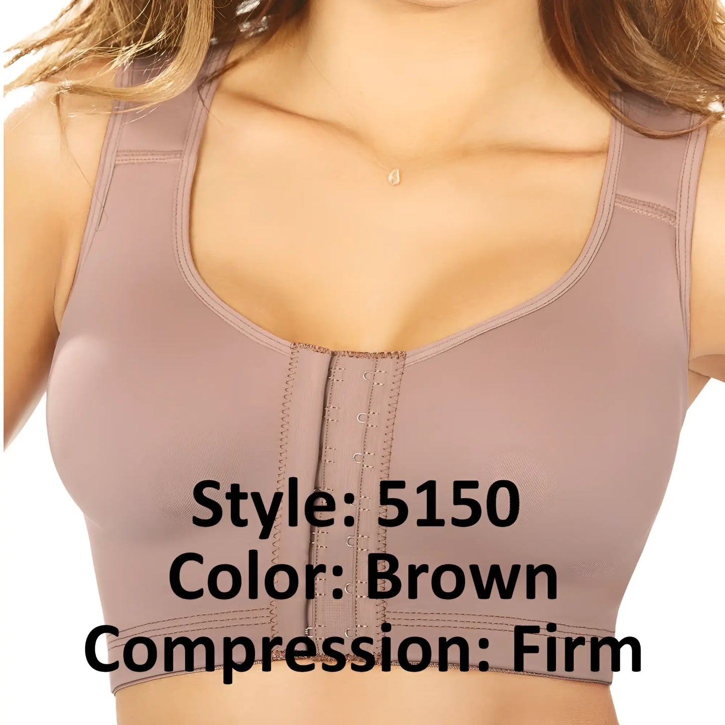 Ann chery 5150 firm brown compression post-surgery sports bra with central front closure and supportive straps