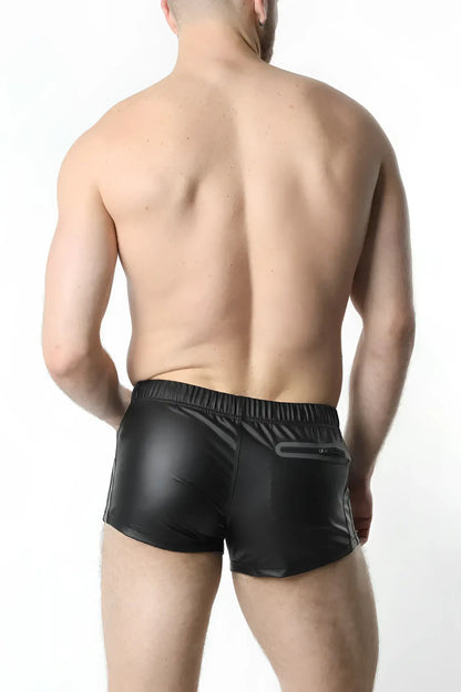 Black patent leather anti-chrome gear short with a sleek glossy finish and elastic waistband for stylish comfort