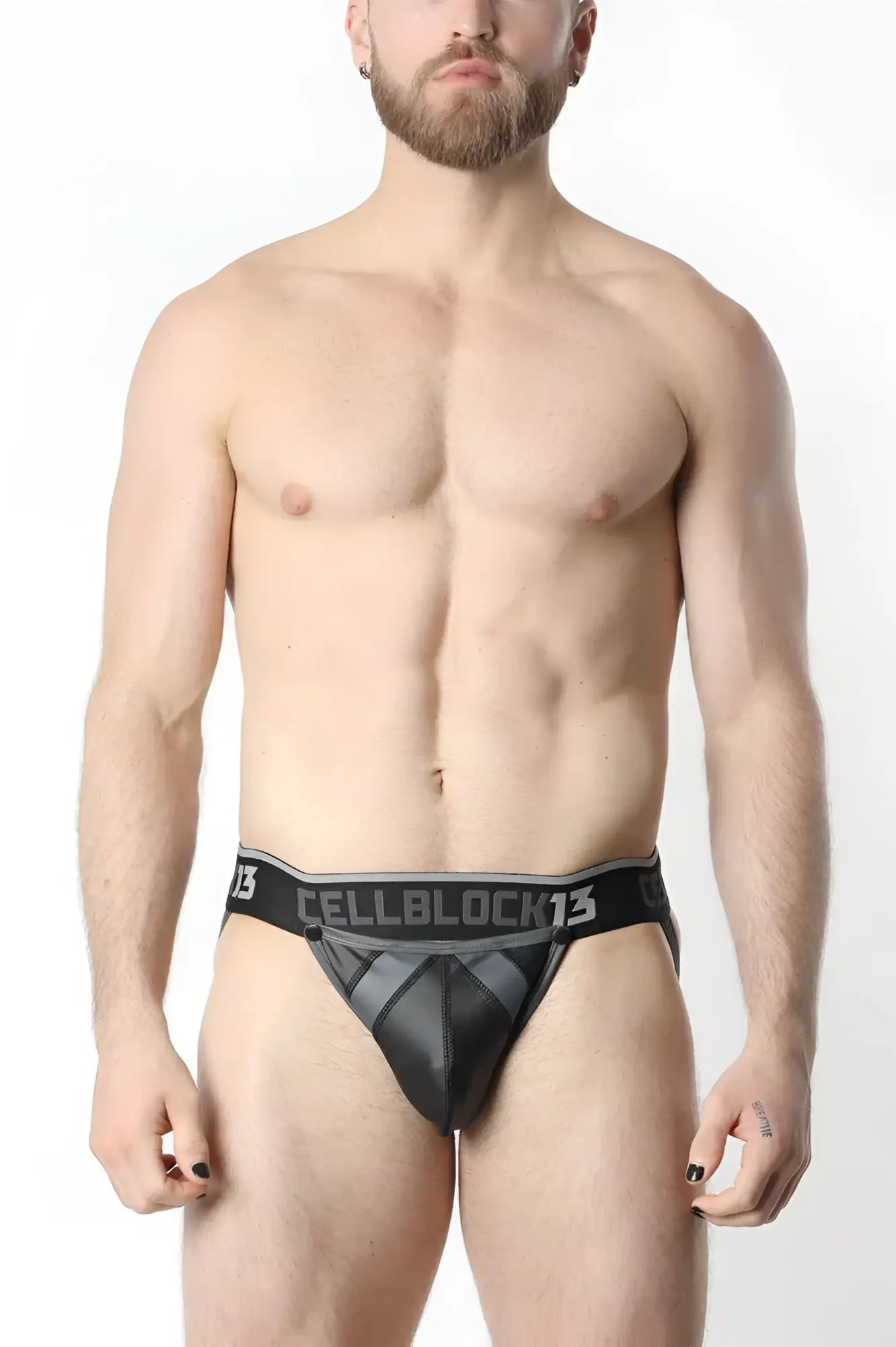Black cellblock13 anti-chrome snap up jockstrap briefs with mesh and solid panel design