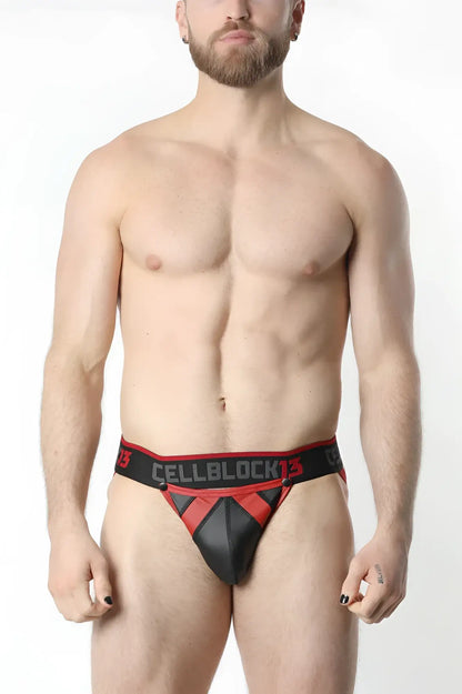 Black and red cellblock13 thong with bold geometric design featured in anti chrome snap up jockstrap product