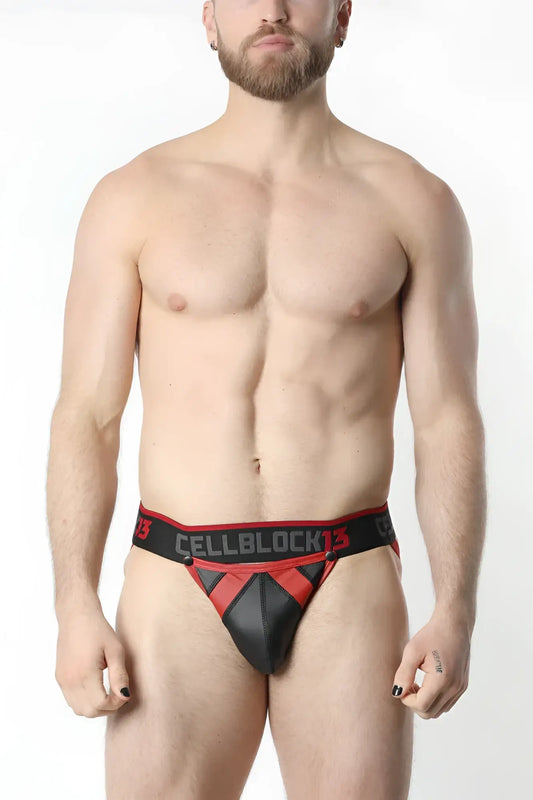 Black and red cellblock13 thong with bold geometric design featured in anti chrome snap up jockstrap product