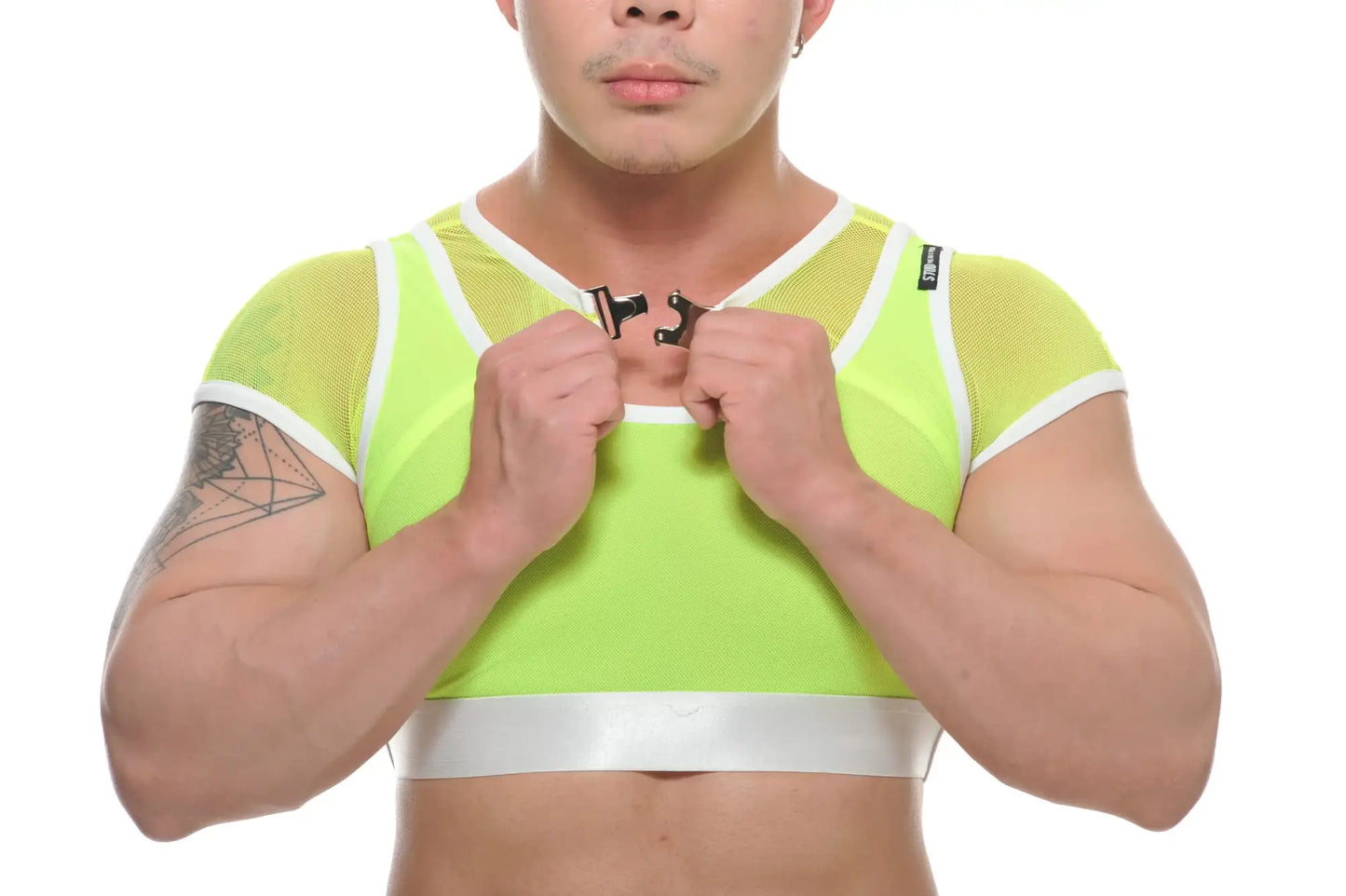 Ari crop top neon green mesh crop top with white trim and silver waistband for stylish summer wear