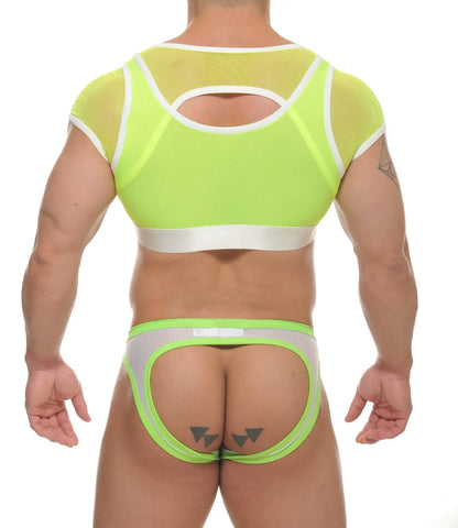 Neon green and white mesh ARI crop top underwear set with back cutout design for athletic style and breathability