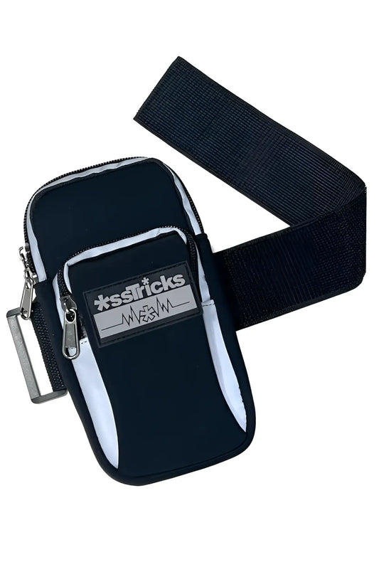 Black neoprene arm bag with silver zipper pulls white reflective stripes and xsstricks logo patch on front