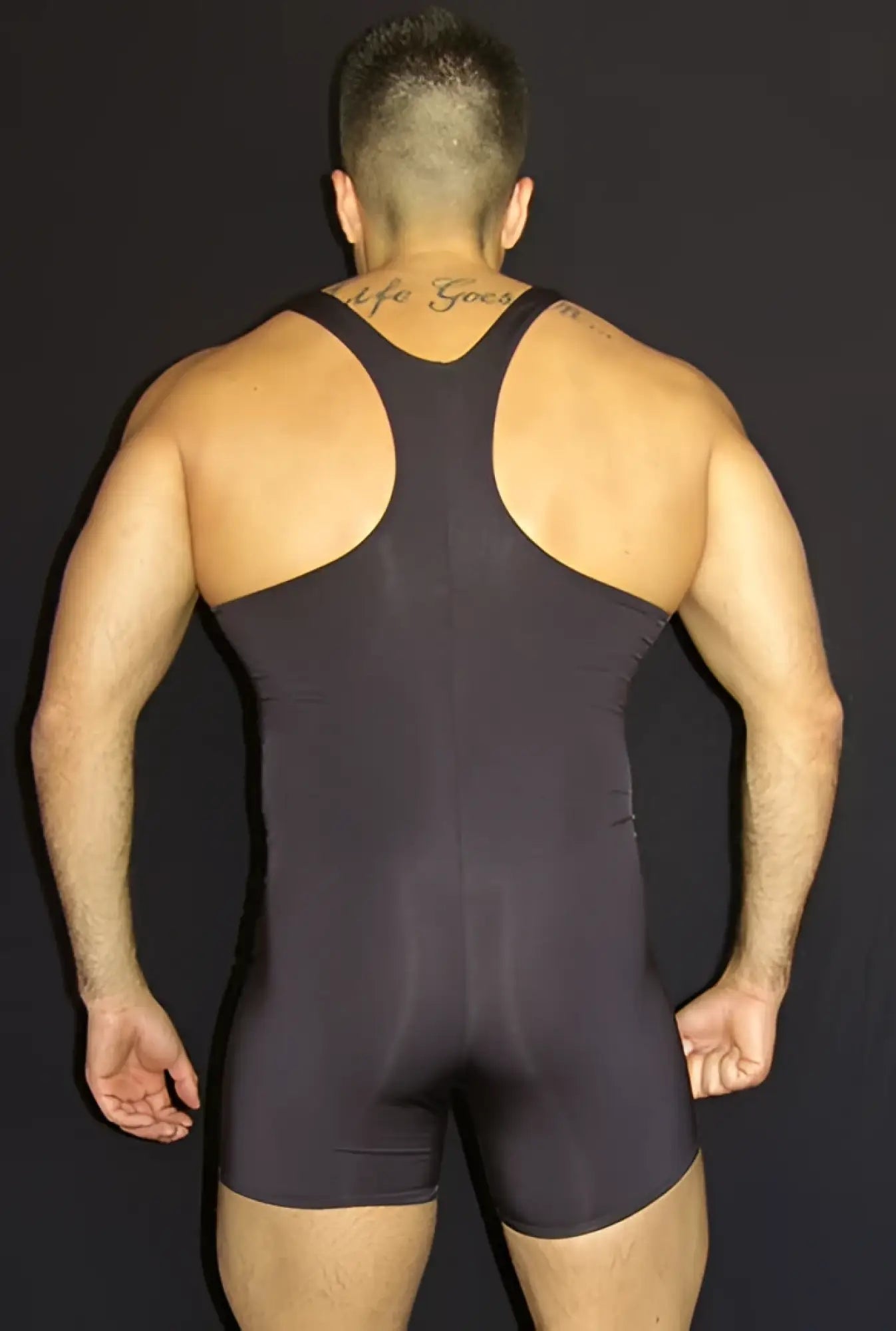 Black form-fitting wrestling singlet with racerback design arroyman string bodysuit black BY02 size L back view