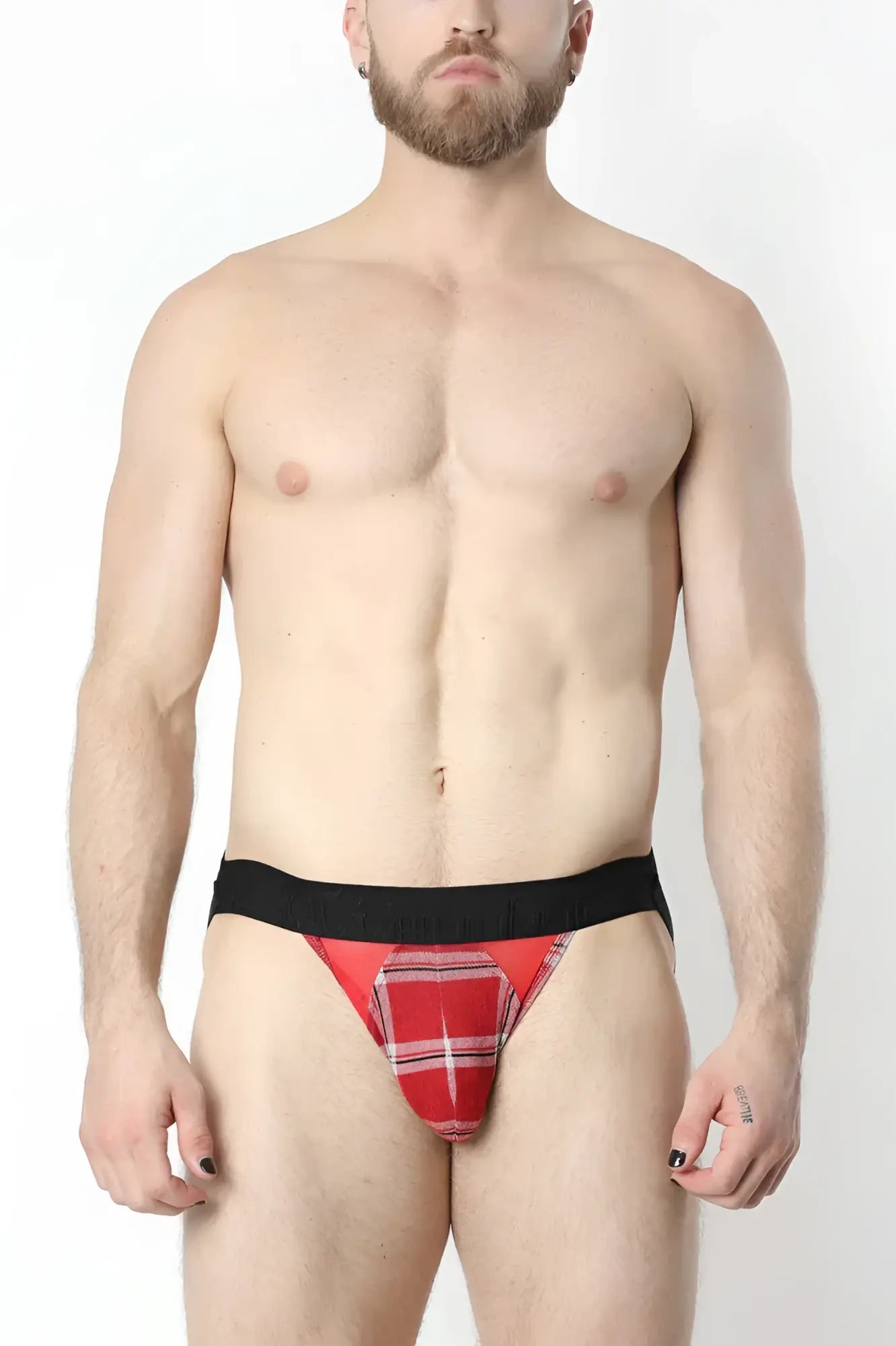 Red plaid briefs with a black waistband featured in the aspen jockstrap design for comfortable support