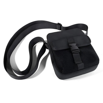 Black mesh athletic crossbody bag with durable nylon strap and front flap secured by plastic buckle