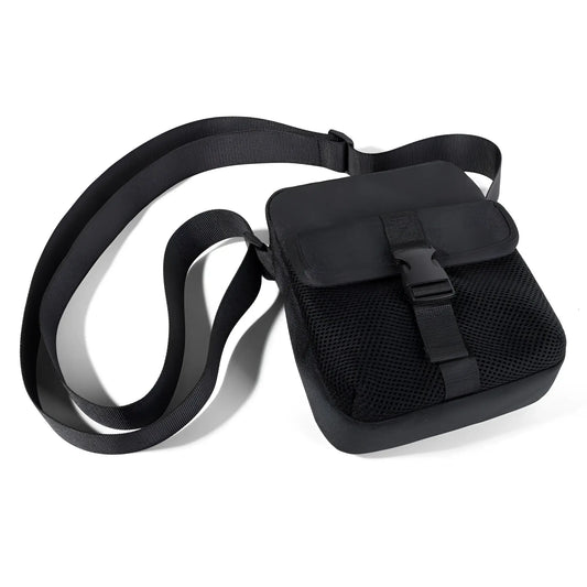 Black mesh athletic crossbody bag with durable nylon strap and front flap secured by plastic buckle