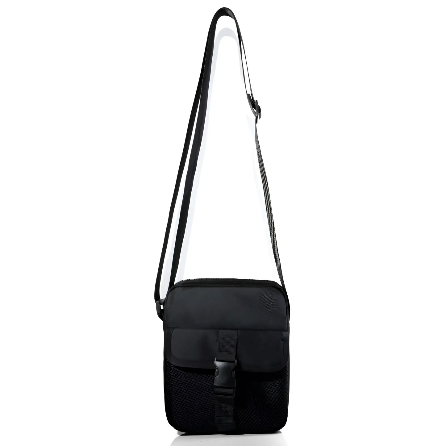 Black athletic crossbody bag with mesh panel and adjustable strap for hands-free convenience