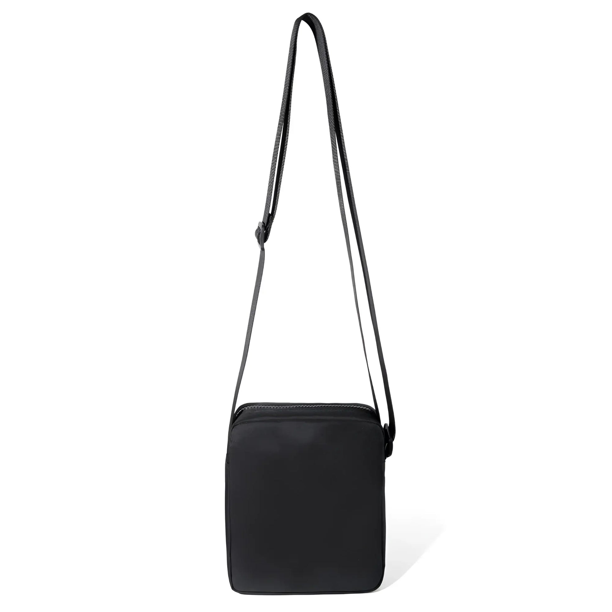 Black athletic crossbody bag with rectangular shape and adjustable matching strap for hands-free use