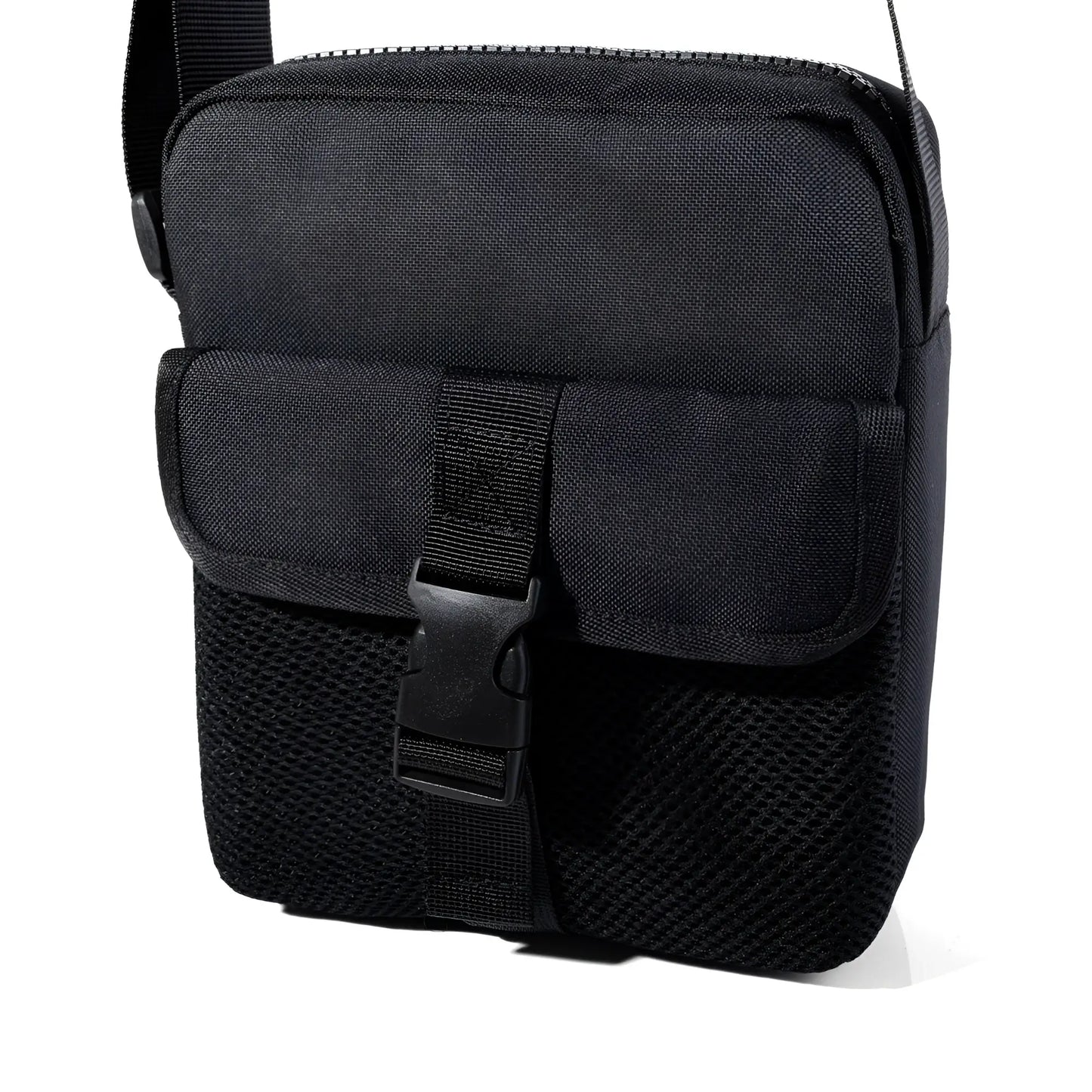 Black athletic crossbody bag featuring mesh panels and buckle closure designed for tactical and everyday use