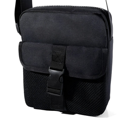 Black athletic crossbody bag featuring mesh panels and buckle closure designed for tactical and everyday use