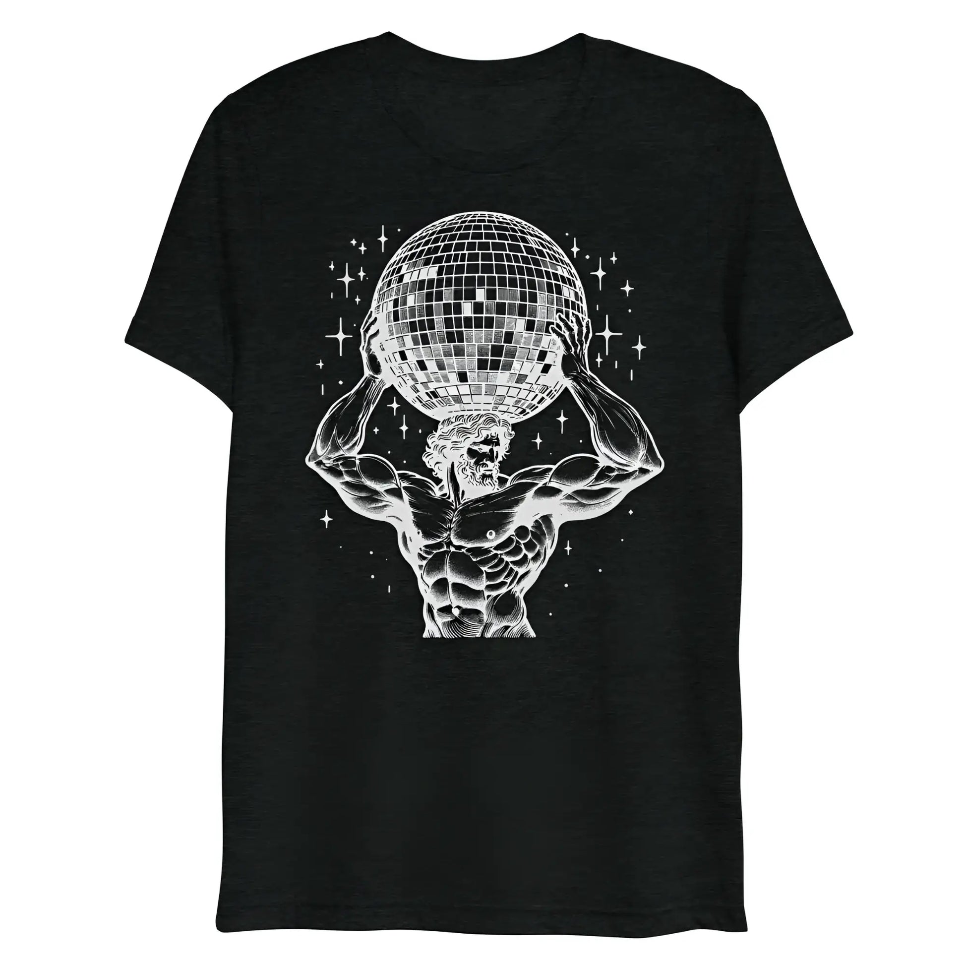 Black heathered t-shirt with white line art of a muscular figure holding a disco ball surrounded by starbursts atlas boogie