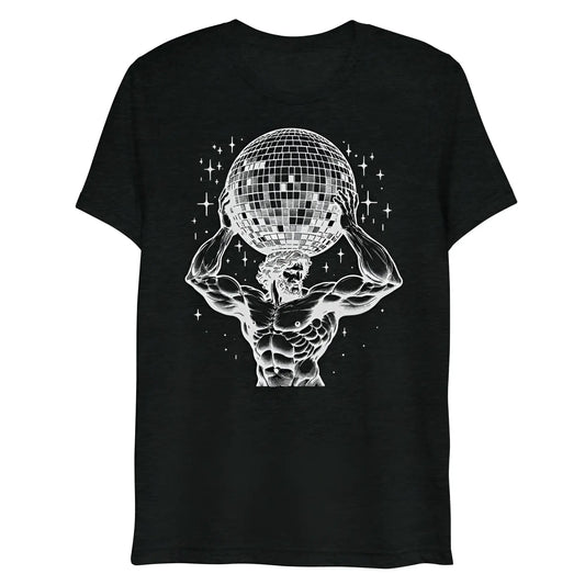 Black heathered t-shirt with white line art of a muscular figure holding a disco ball surrounded by starbursts atlas boogie