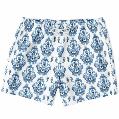 Men's swim shorts by Maris Equi in blue and white baroque pattern featuring an elastic waistband and drawstring.