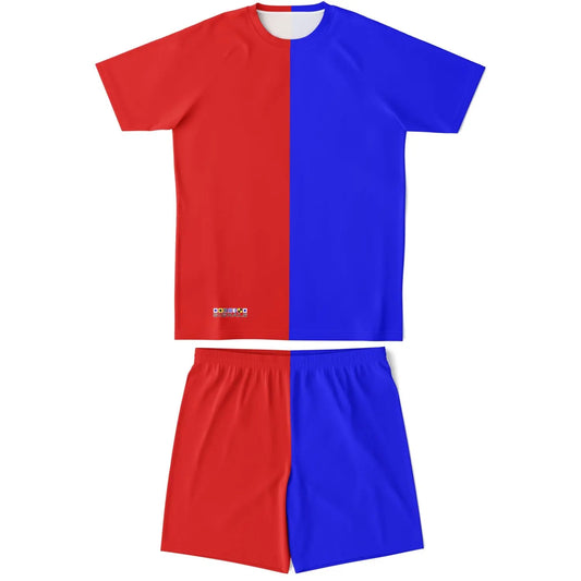 Men's red and blue color-blocked shorts and top set by Maris Equi made from lightweight fabric ideal for casual wear.