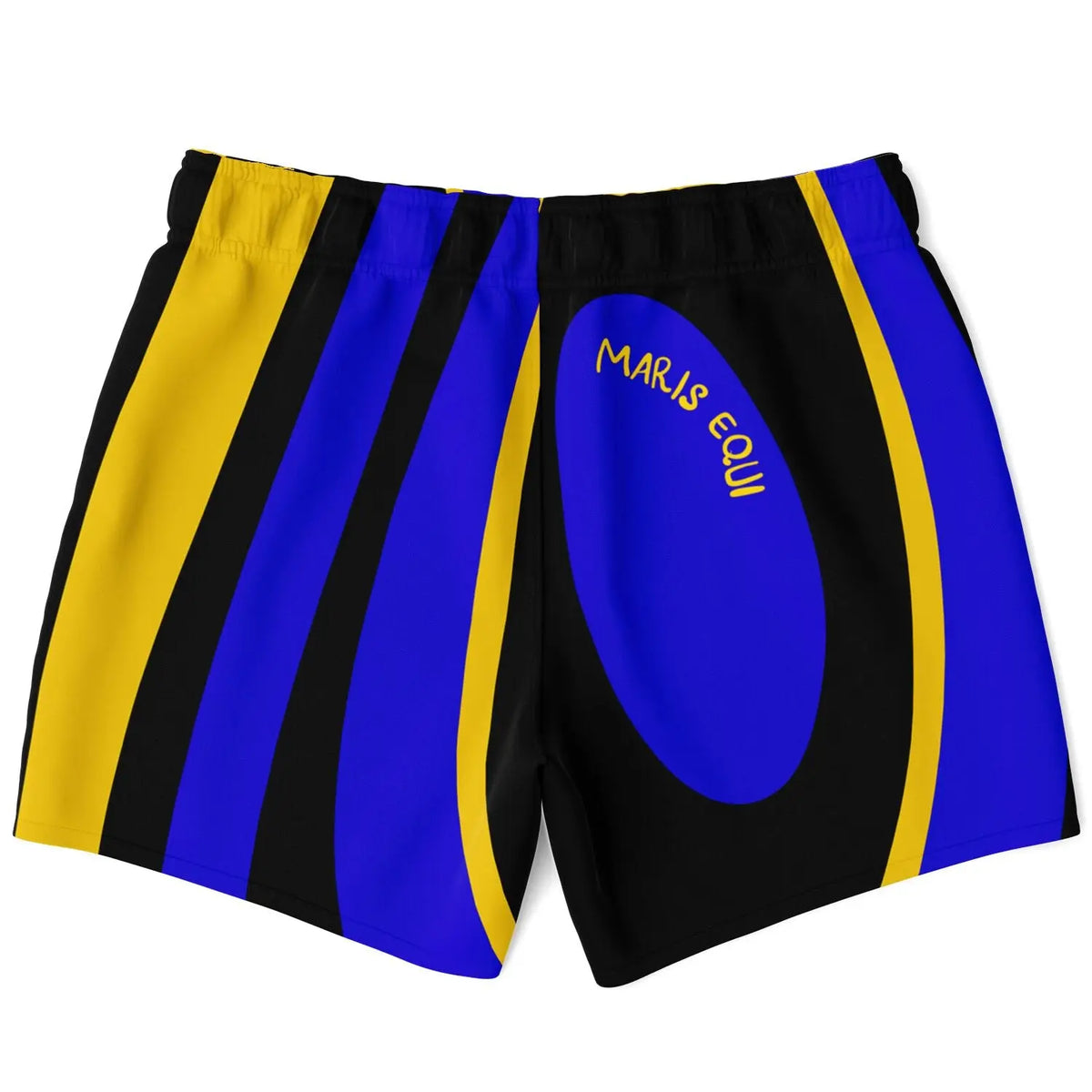Men's swim shorts in blue yellow and black with a surgeonfish print featuring Maris Equi branding on the back.