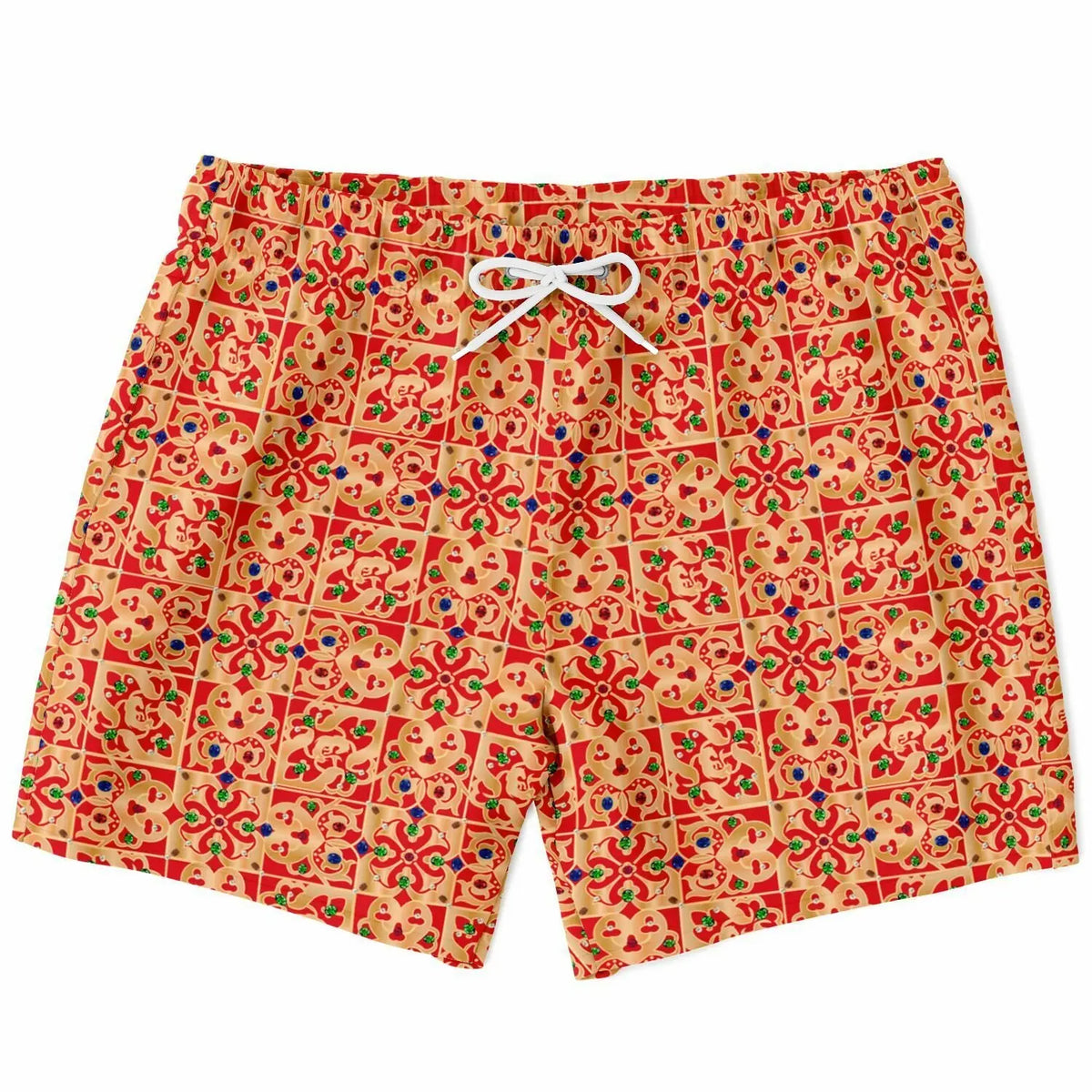 Colorful swim shorts by Maris Equi featuring a vibrant geometric pattern in red yellow and green with an elastic waistband and drawstring.