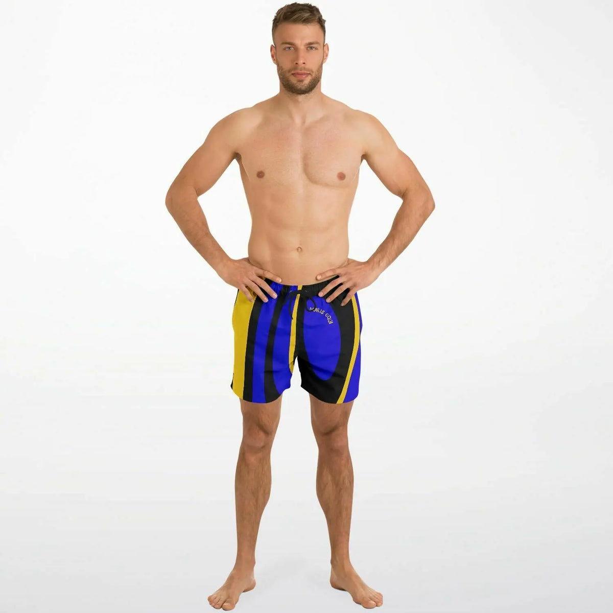 Men's swim shorts in blue and yellow with a surgeonfish print made by Maris Equi featuring an elastic waistband.