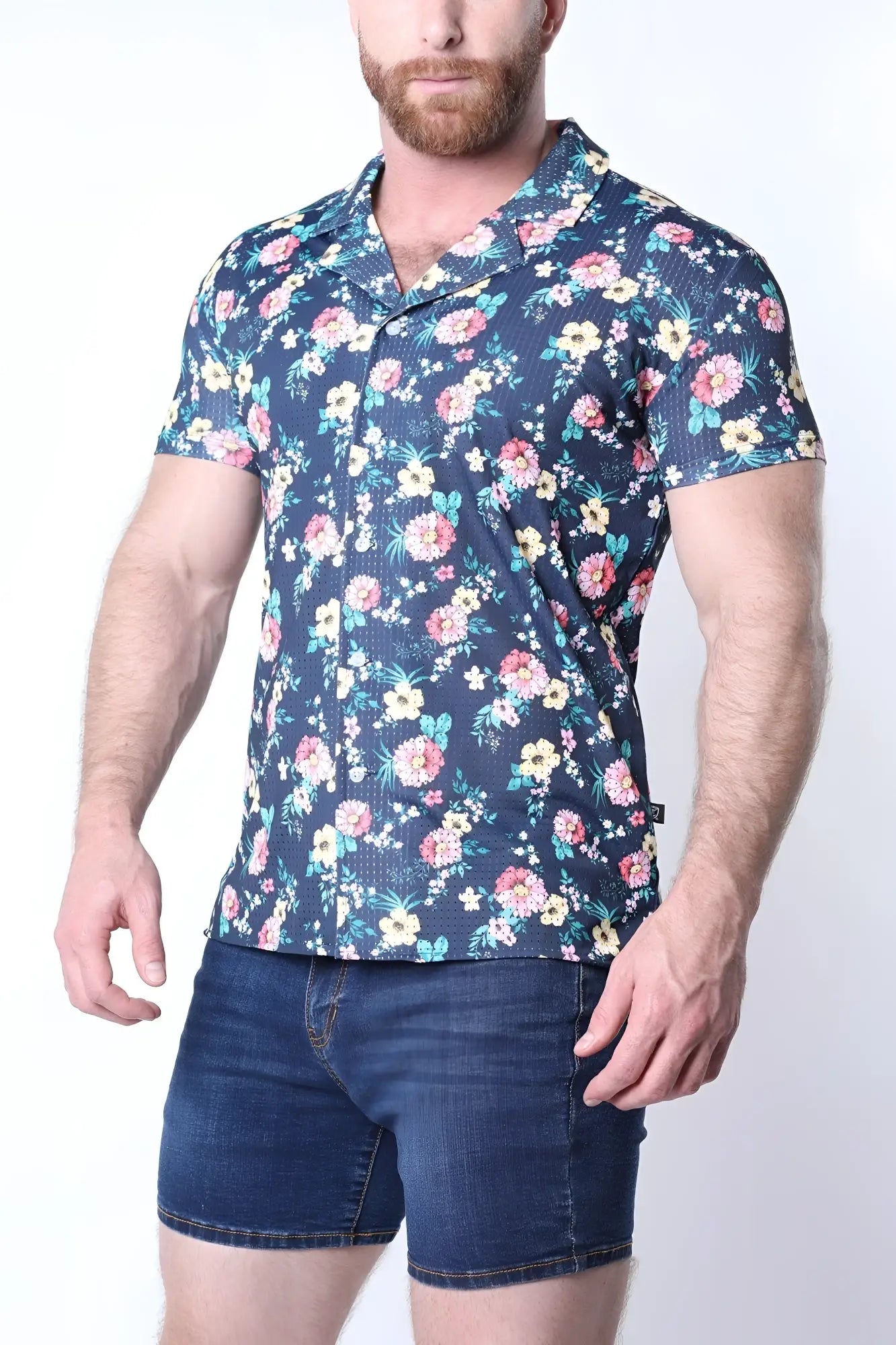 Men’s balboa button down shirt in navy blue with vibrant pink white and green floral pattern short sleeves