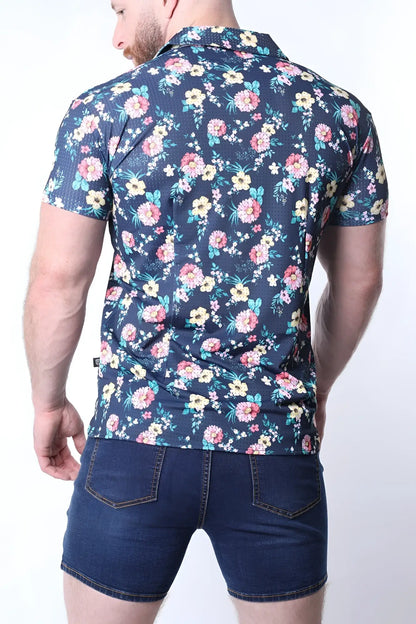 Balboa button down shirt navy blue short sleeved button up with vibrant pink yellow and light green floral pattern