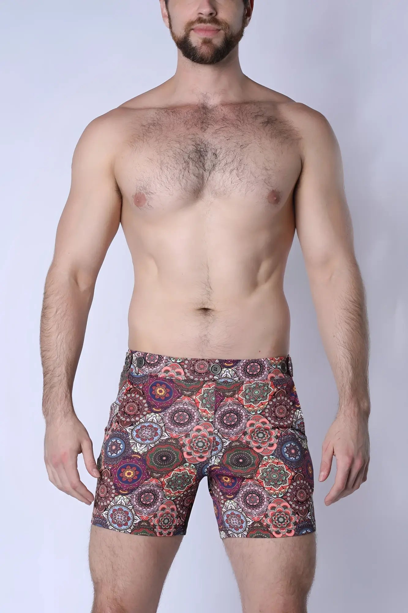 Men’s balboa hybrid swim short with vibrant purple pink green and brown mandala pattern for stylish beachwear