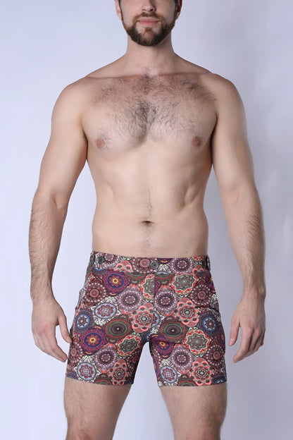 Men’s balboa hybrid swim short with vibrant purple pink green and brown mandala pattern for stylish beachwear