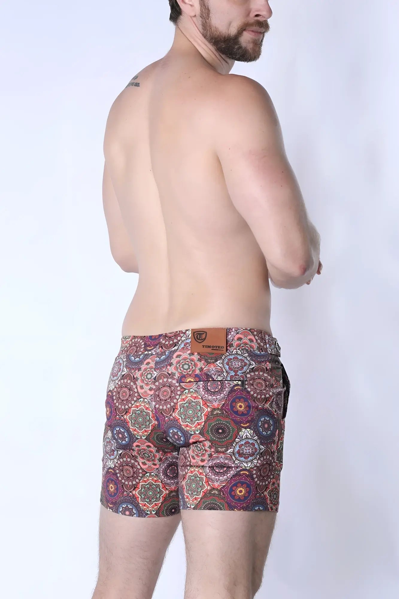 Balboa hybrid swim short men’s cotton blend shorts with vibrant pink purple and green mandala pattern