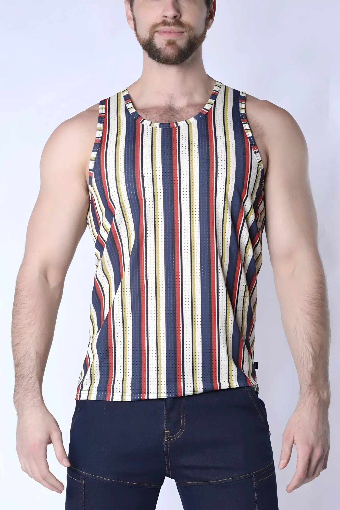 Balboa mesh tank top mens sleeveless with bold navy blue red and cream vertical stripes in textured mesh fabric