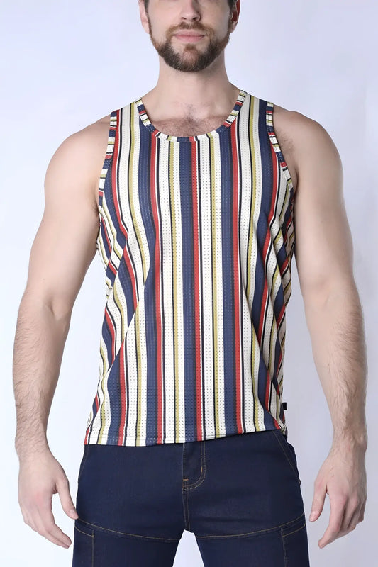 Balboa mesh tank top mens sleeveless with bold navy blue red and cream vertical stripes in textured mesh fabric