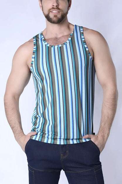 Balboa mesh tank top men’s sleeveless with vertical stripes in blue teal and gray featuring a breathable mesh texture