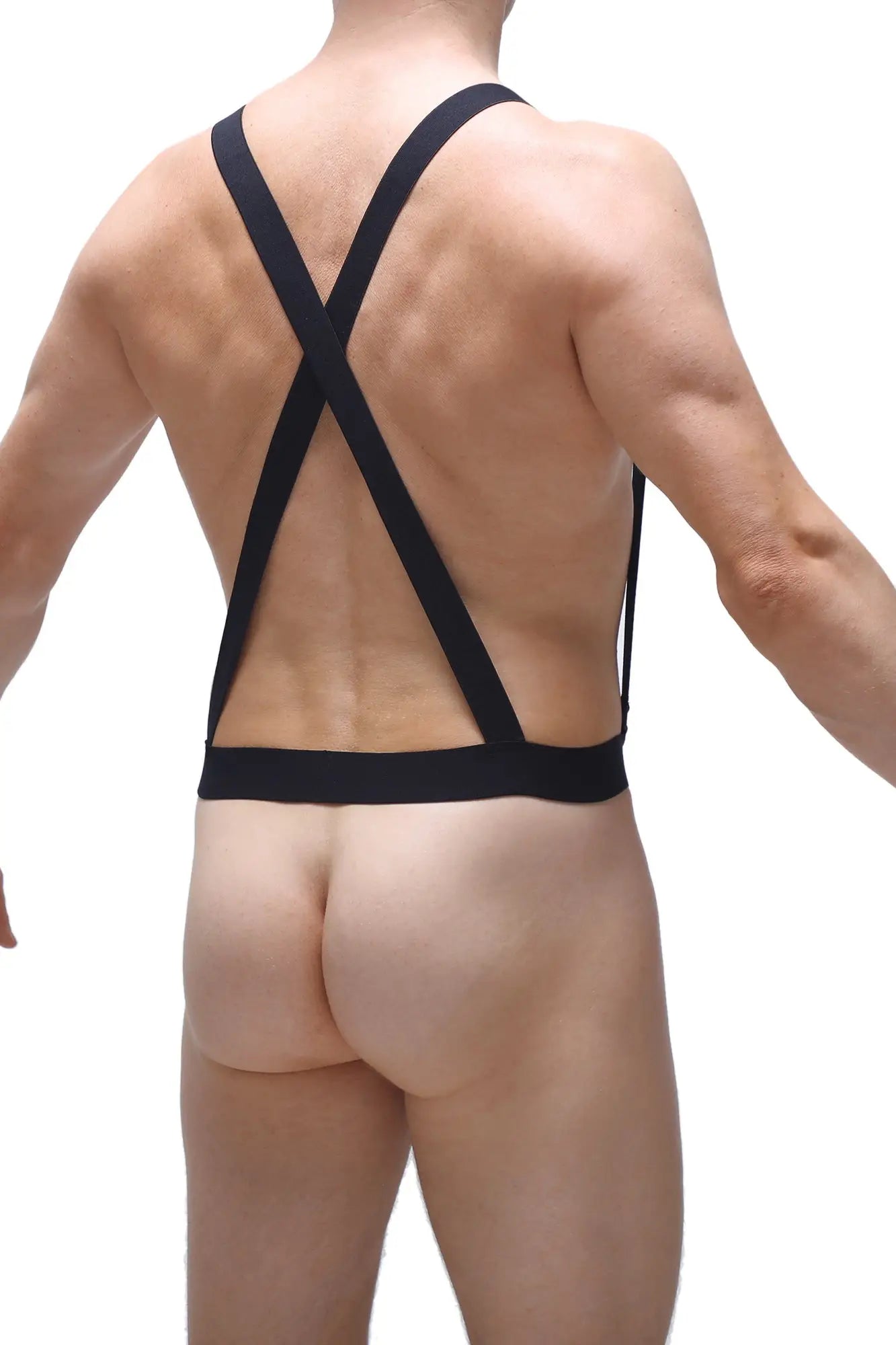 Black cross-back strappy bodysuit showing back side with ball-lifter design for lift and support