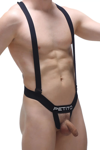 Black petitq ball-lifter bretelles suspenders with thong-style design showing the back side of the product