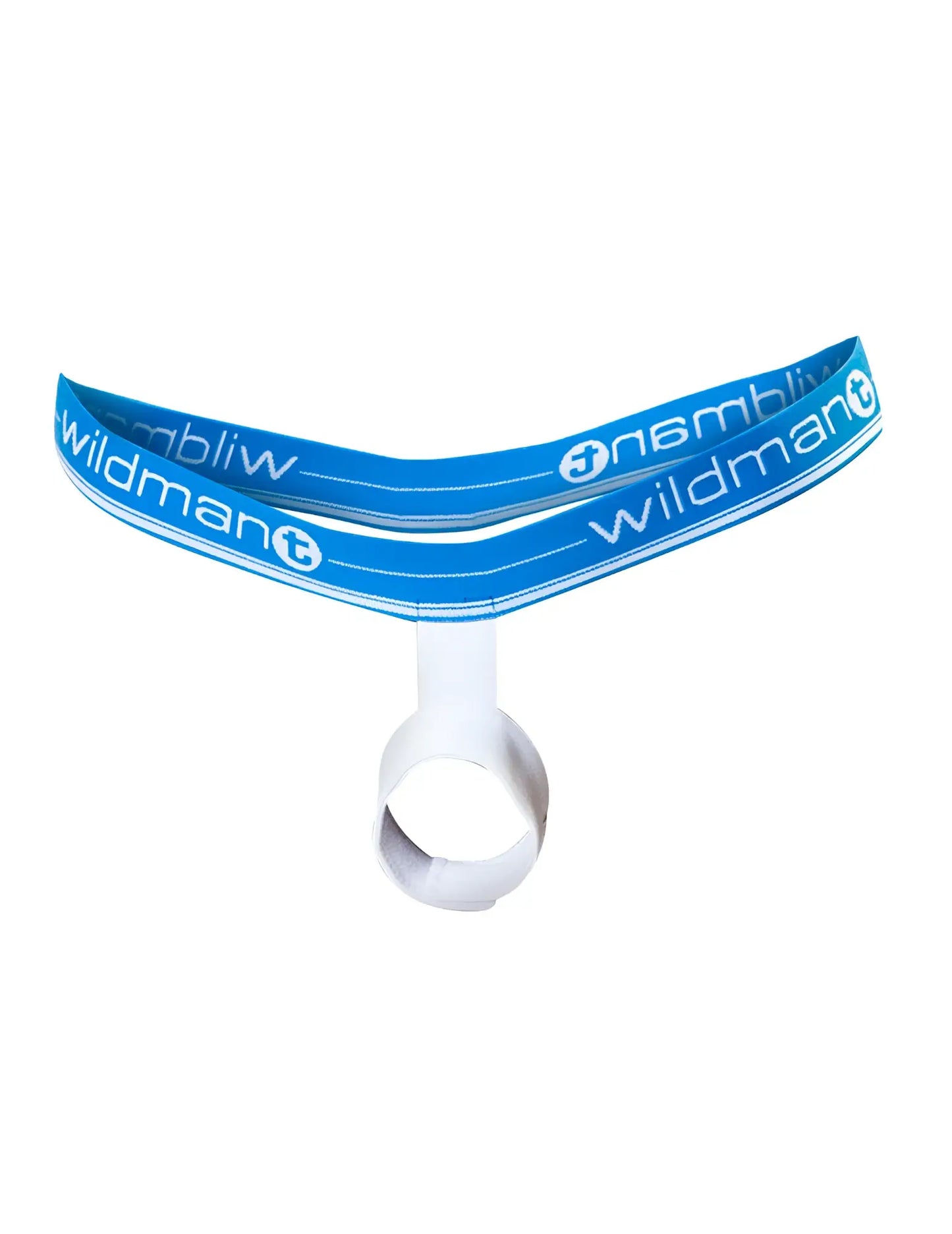 Blue and white wildman branded thong with central ring designed for the ball lifter protruder blue model